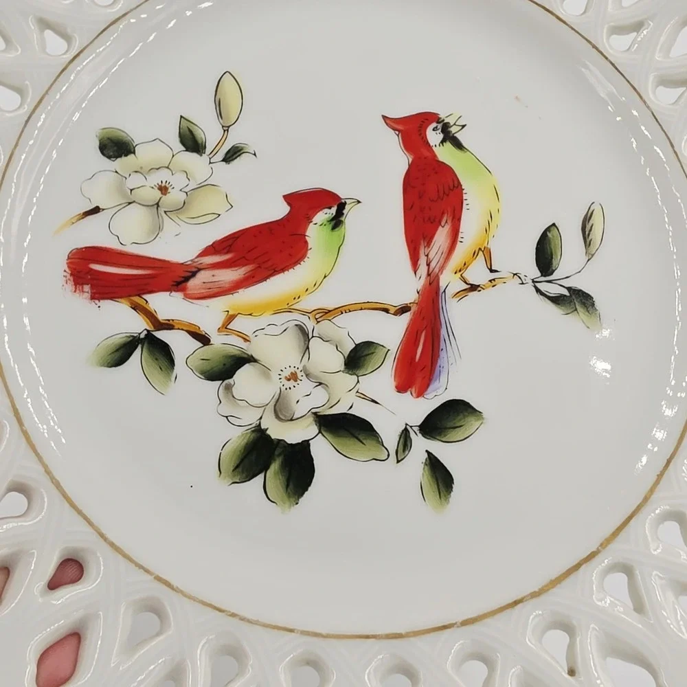 Vintage Cardinal Reticulated Display Plate Bird Collector Japan 8